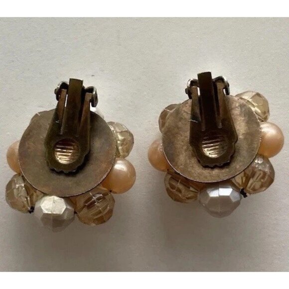 Vintage 1950s Faux Pearl Sea Cream Orange Crystal Cluster Clip on Earrings - Picture 10 of 12